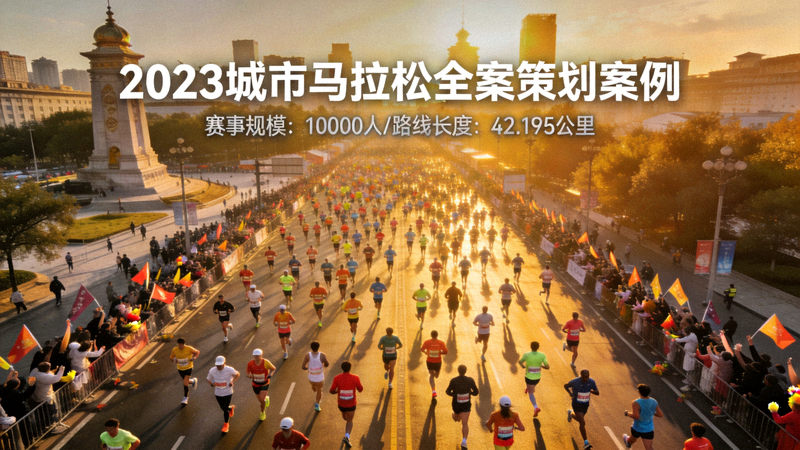 2023城市马拉松全案策划案例 - 大量跑者穿过城市街道的壮观航拍画面